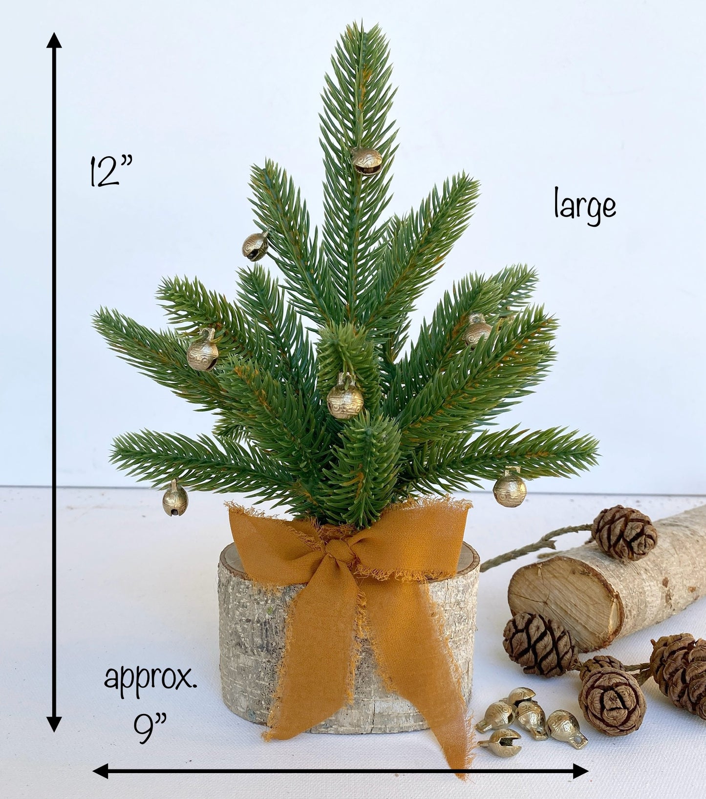 Mini Christmas Tree β Faux Tabletop Christmas Trees with Chiffon Silk Ribbon and Optional Brass Bells
