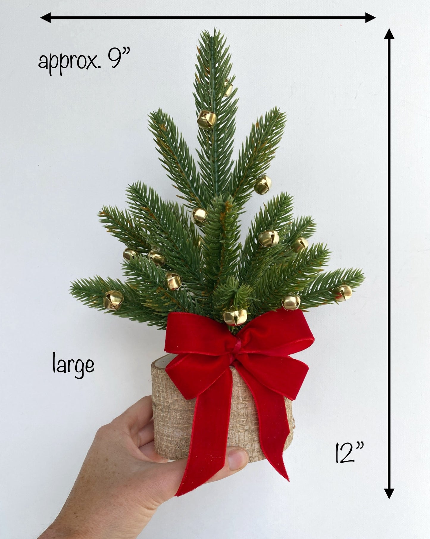 Mini Christmas Tree ā Faux Tabletop Christmas Tree with Red Velvet Ribbon and Gold Bells | Office & Home Holiday Decor