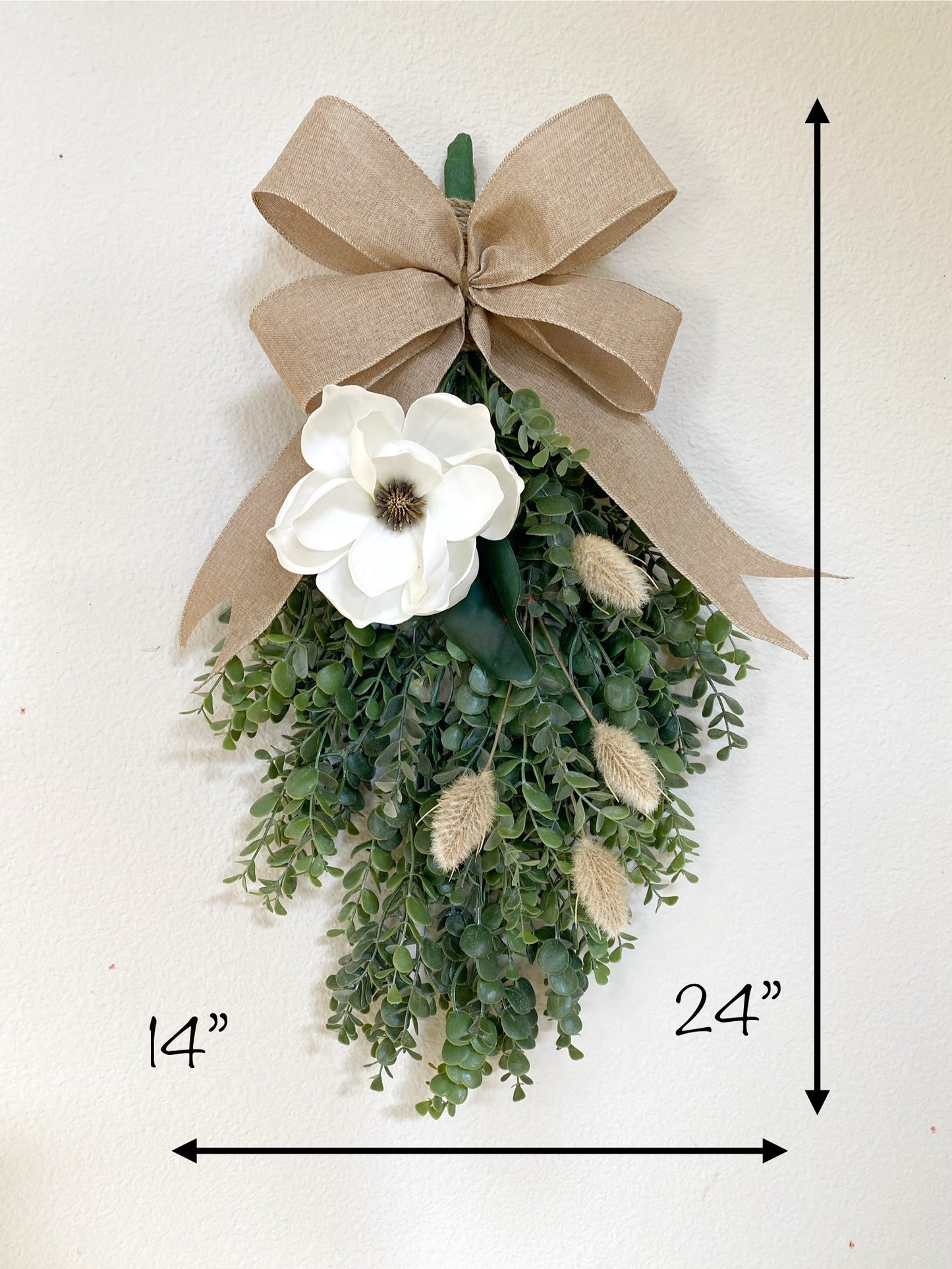 Eucalyptus & Magnolia Door Swag with Brown Burlap Bow - High Quality Artificial Door Swag - All Year Door Decor - Double Door Swag / Wreath