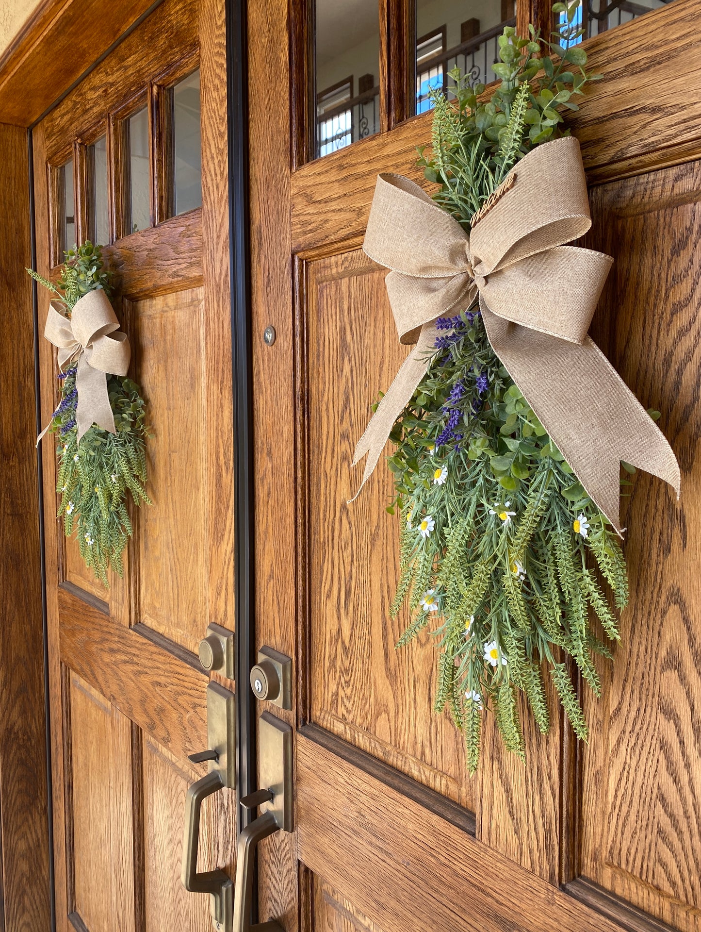 Spring Door Swag with Eucalyptus, Lavender and Daisy Flowers - FAUX Front Door or Wall Swag, Double Door Wreath, Window Swag, Door Hanger