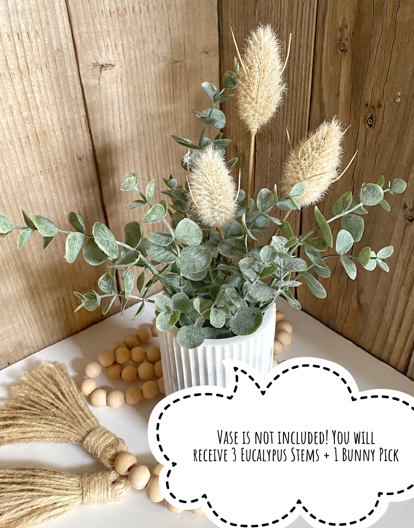 3 small Eucalyptus Stems with 1 Bunny Tail Pick in Cream, Pink or Purple - Artificial