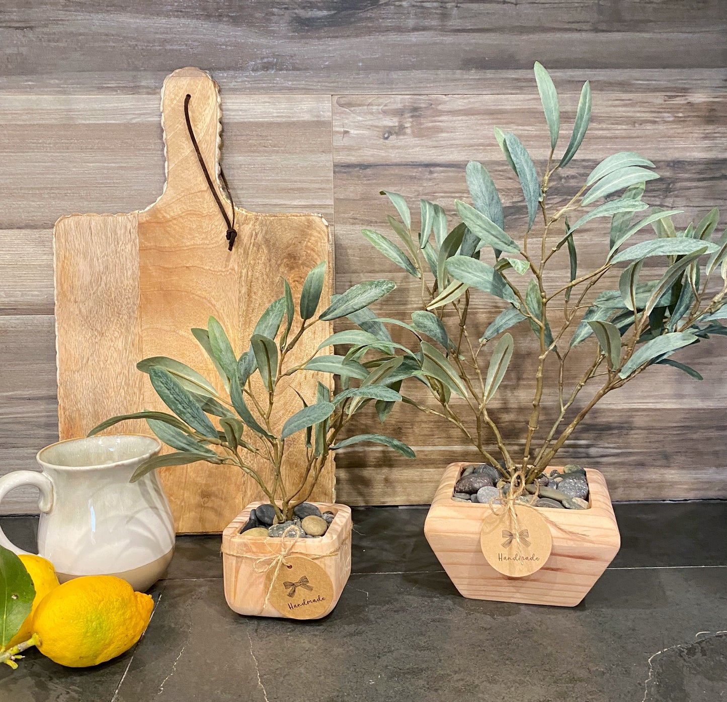 Artificial Olive Tree in Handmade Wood Pot - Small Faux Olive Tree Fruitless