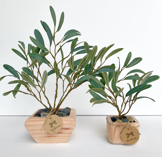 Artificial Olive Tree in Handmade Wood Pot - Small Faux Olive Tree Fruitless