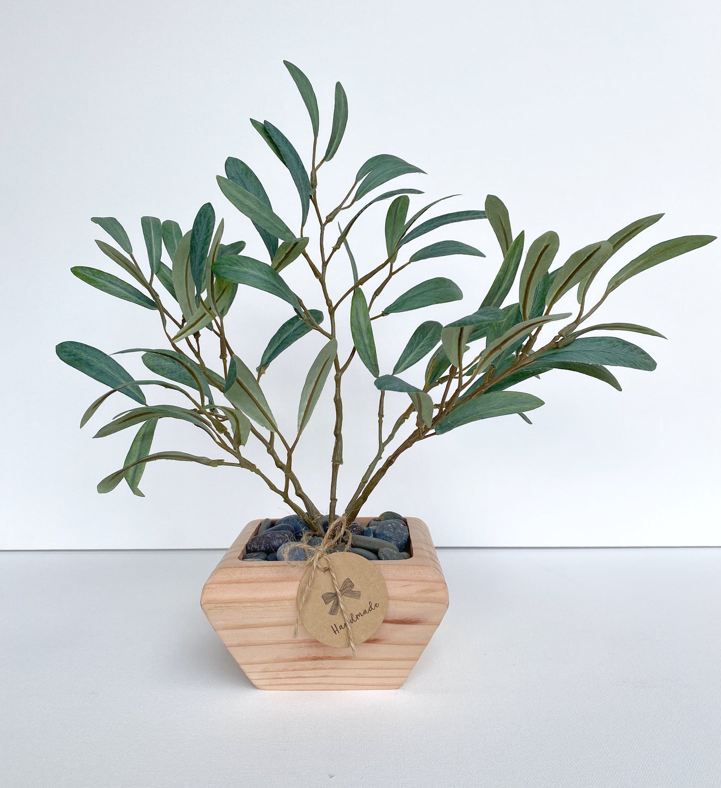 Artificial Olive Tree in Handmade Wood Pot - Small Faux Olive Tree Fruitless