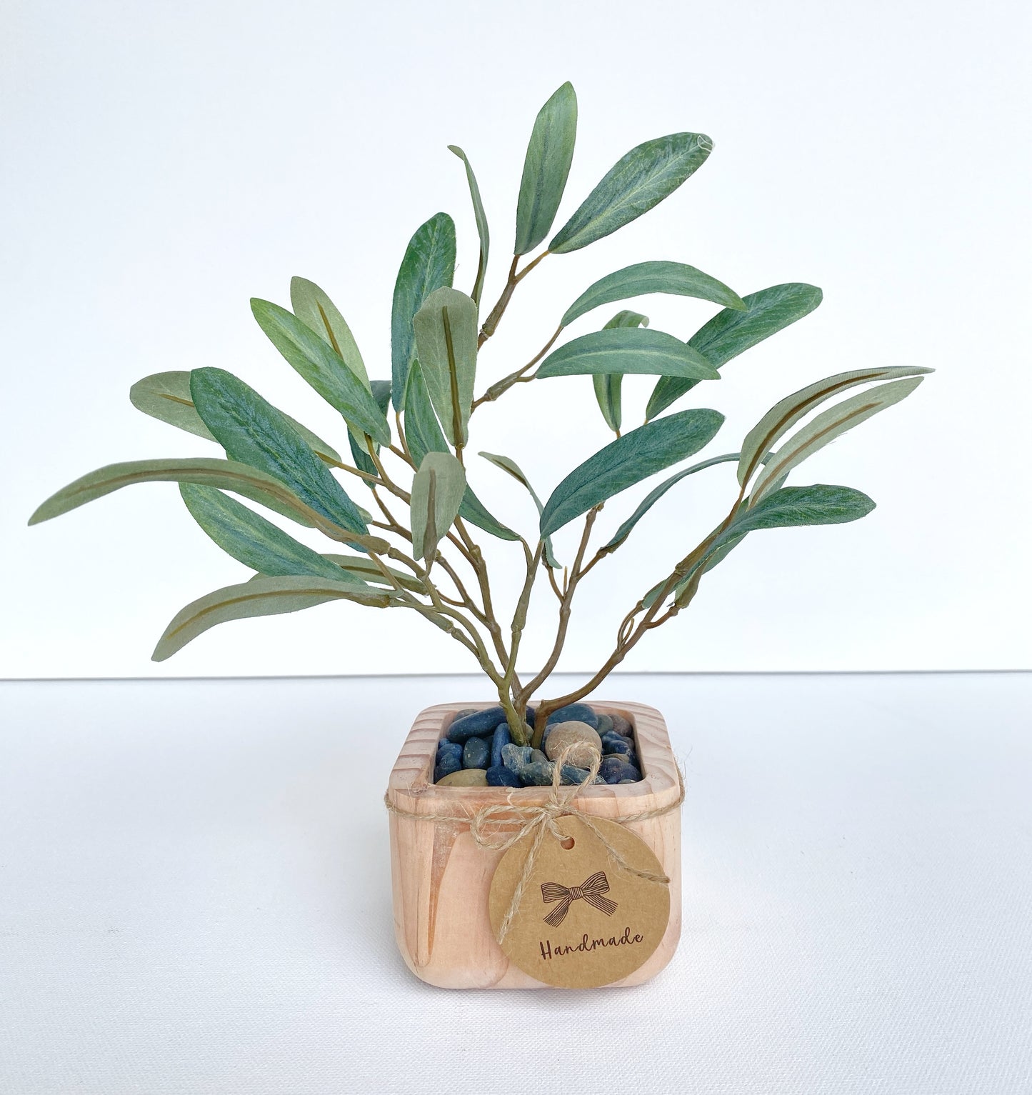 Artificial Olive Tree in Handmade Wood Pot - Small Faux Olive Tree Fruitless