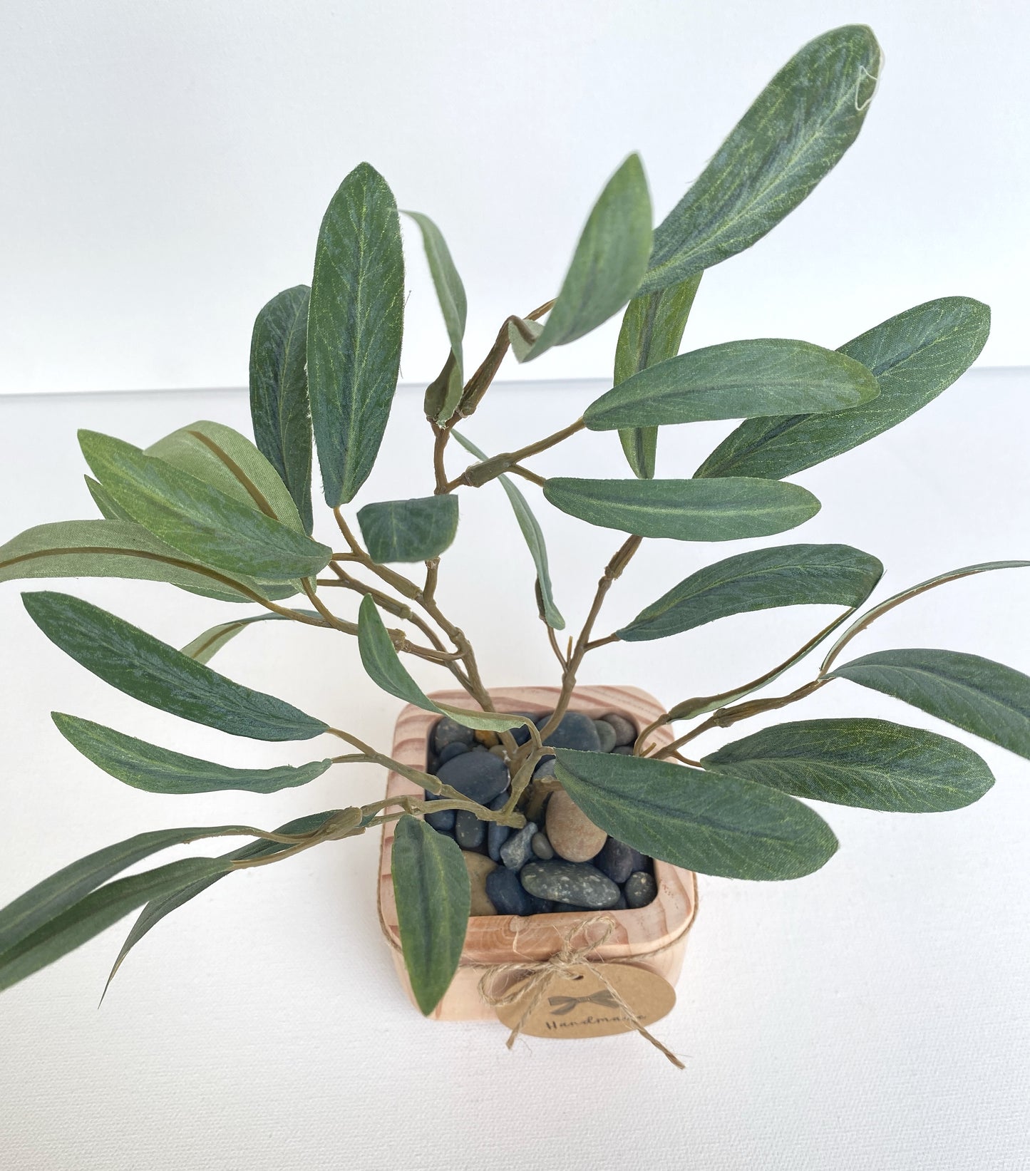 Artificial Olive Tree in Handmade Wood Pot - Small Faux Olive Tree Fruitless