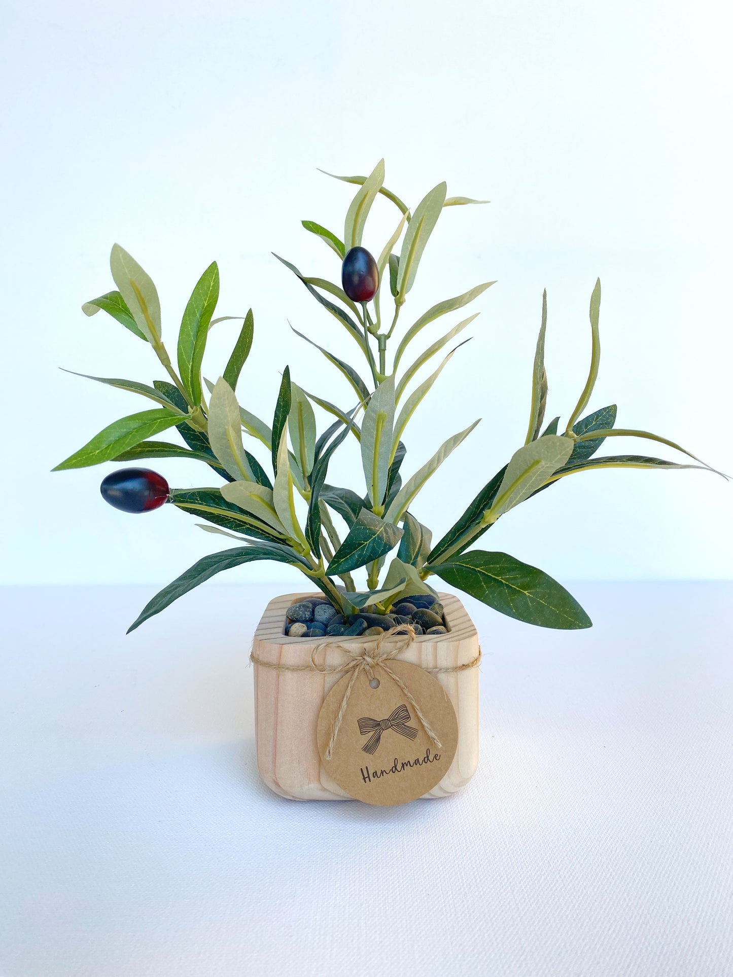 Artificial Olive Tree in Handmade Wood Pot - Small Faux Olive Tree with Fruit