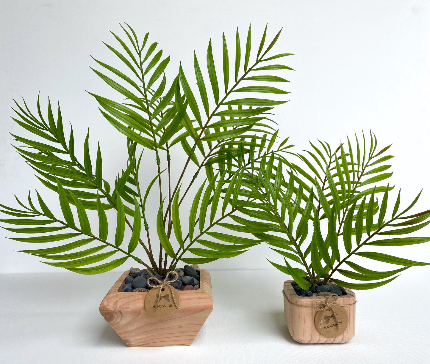 Artificial Palm Plant in Handmade Wood Pot - Small Faux Palm Tree - Tropical, Boho Decor