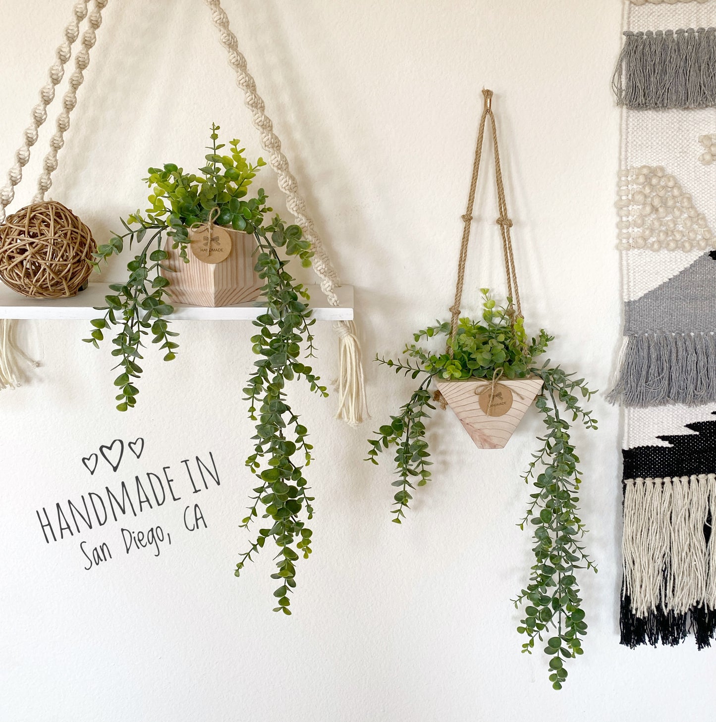 Hanging Faux Eucalyptus Plant in Handmade Wood Pot - with Jute Twine or as Floating Shelve Decor