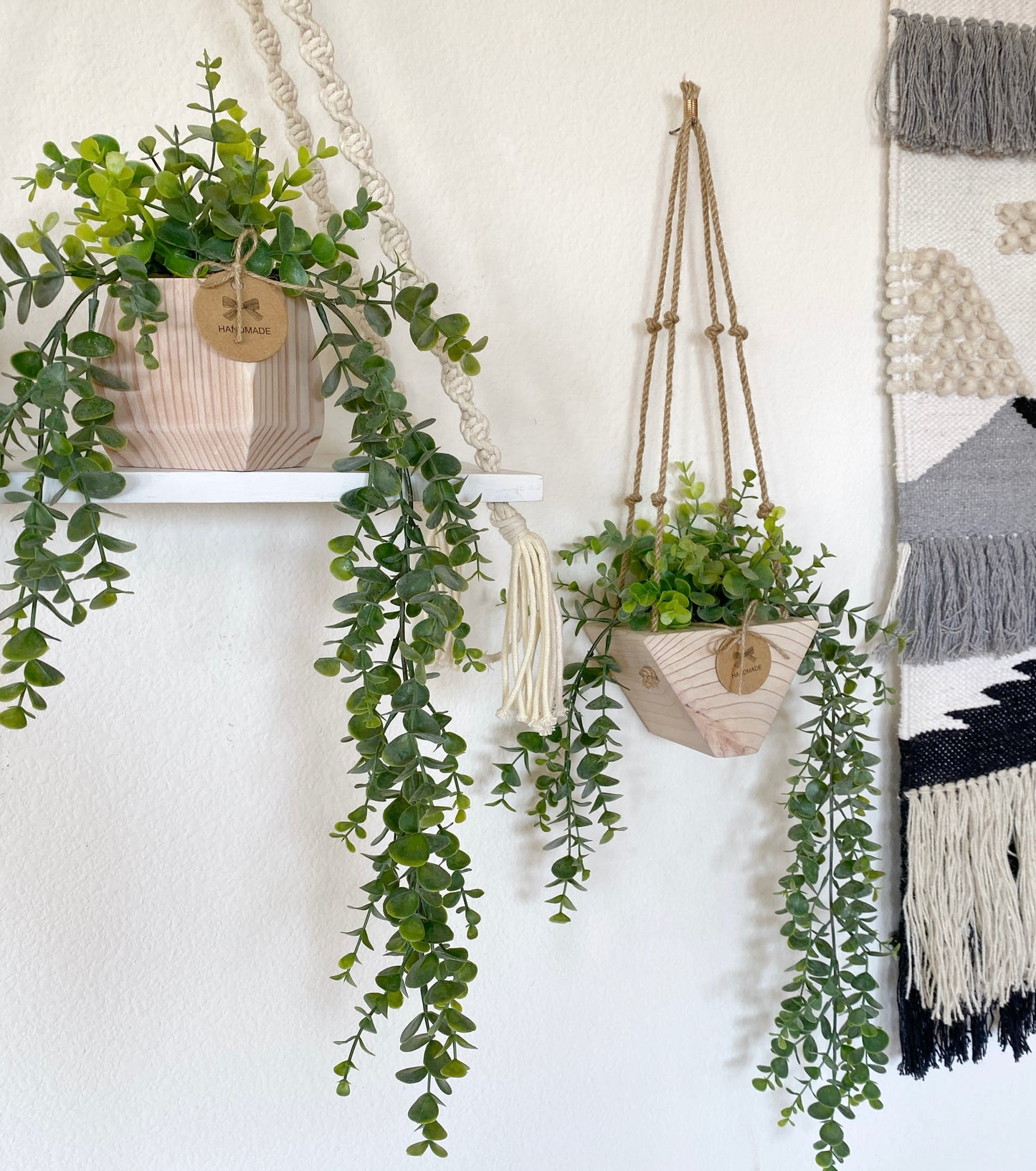 Hanging Faux Eucalyptus Plant in Handmade Wood Pot - with Jute Twine or as Floating Shelve Decor