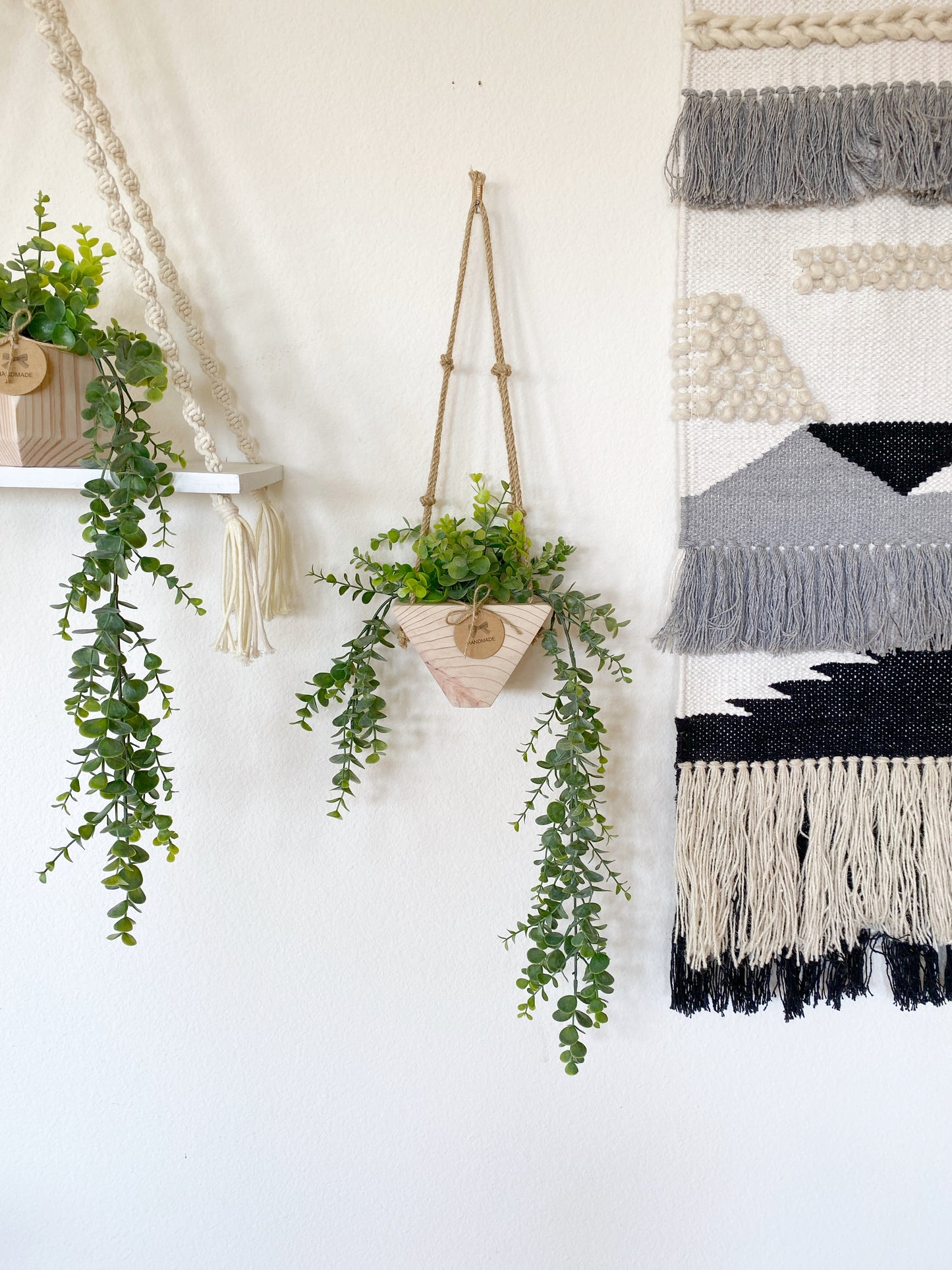 Hanging Faux Eucalyptus Plant in Handmade Wood Pot - with Jute Twine or as Floating Shelve Decor