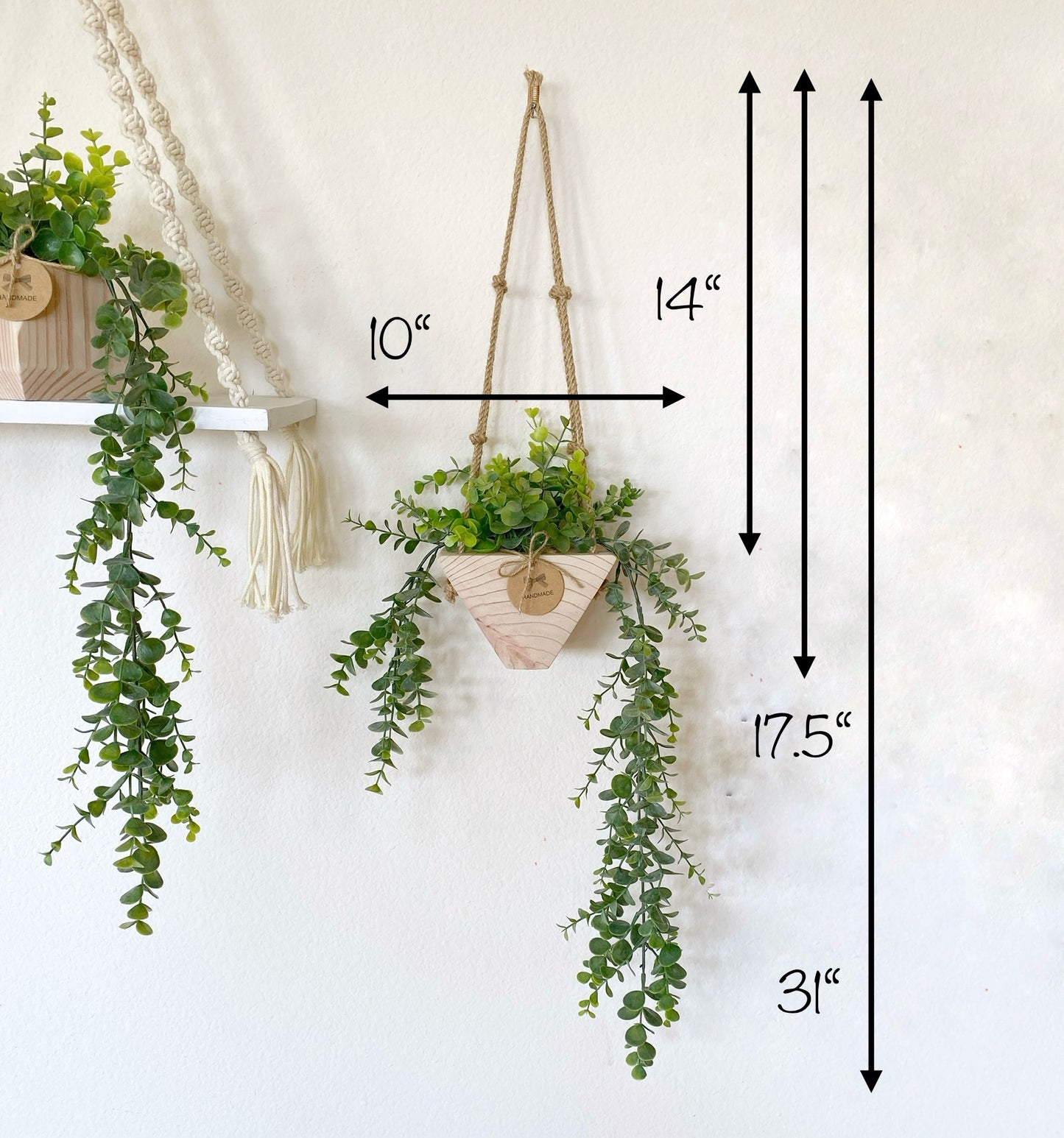 Hanging Faux Eucalyptus Plant in Handmade Wood Pot - with Jute Twine or as Floating Shelve Decor