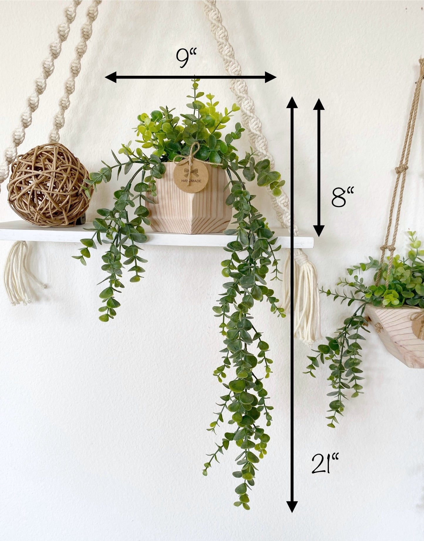Hanging Faux Eucalyptus Plant in Handmade Wood Pot - with Jute Twine or as Floating Shelve Decor