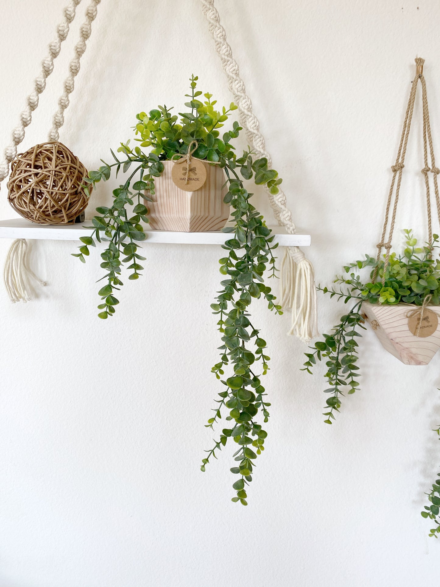 Hanging Faux Eucalyptus Plant in Handmade Wood Pot - with Jute Twine or as Floating Shelve Decor