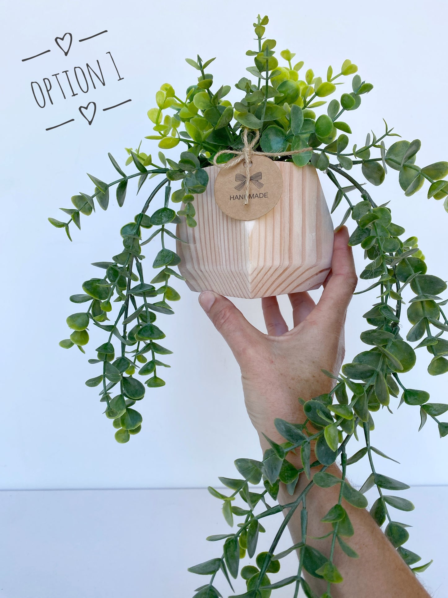 Hanging Faux Eucalyptus Plant in Handmade Wood Pot - with Jute Twine or as Floating Shelve Decor