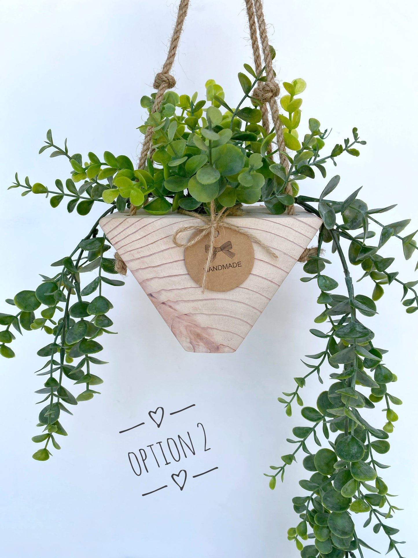 Hanging Faux Eucalyptus Plant in Handmade Wood Pot - with Jute Twine or as Floating Shelve Decor