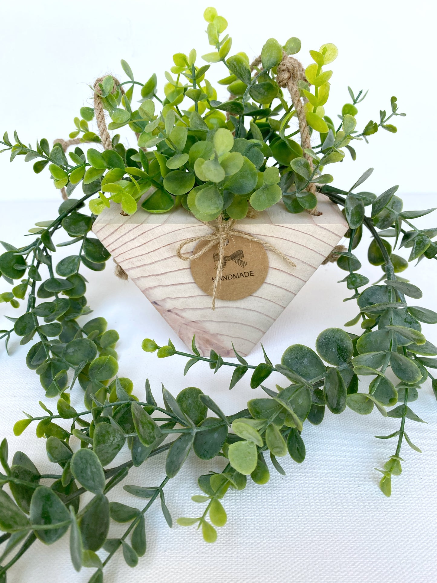 Hanging Faux Eucalyptus Plant in Handmade Wood Pot - with Jute Twine or as Floating Shelve Decor