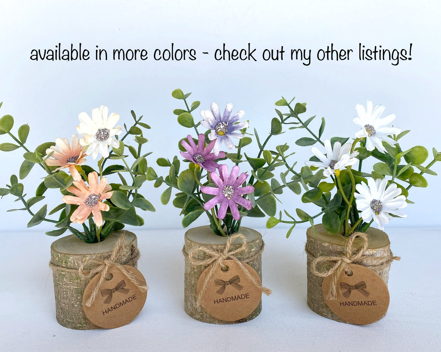Faux Flower Arrangement in Handmade Wood Pot - with Peach Coral Daisy Wild Flowers and Eucalyptus