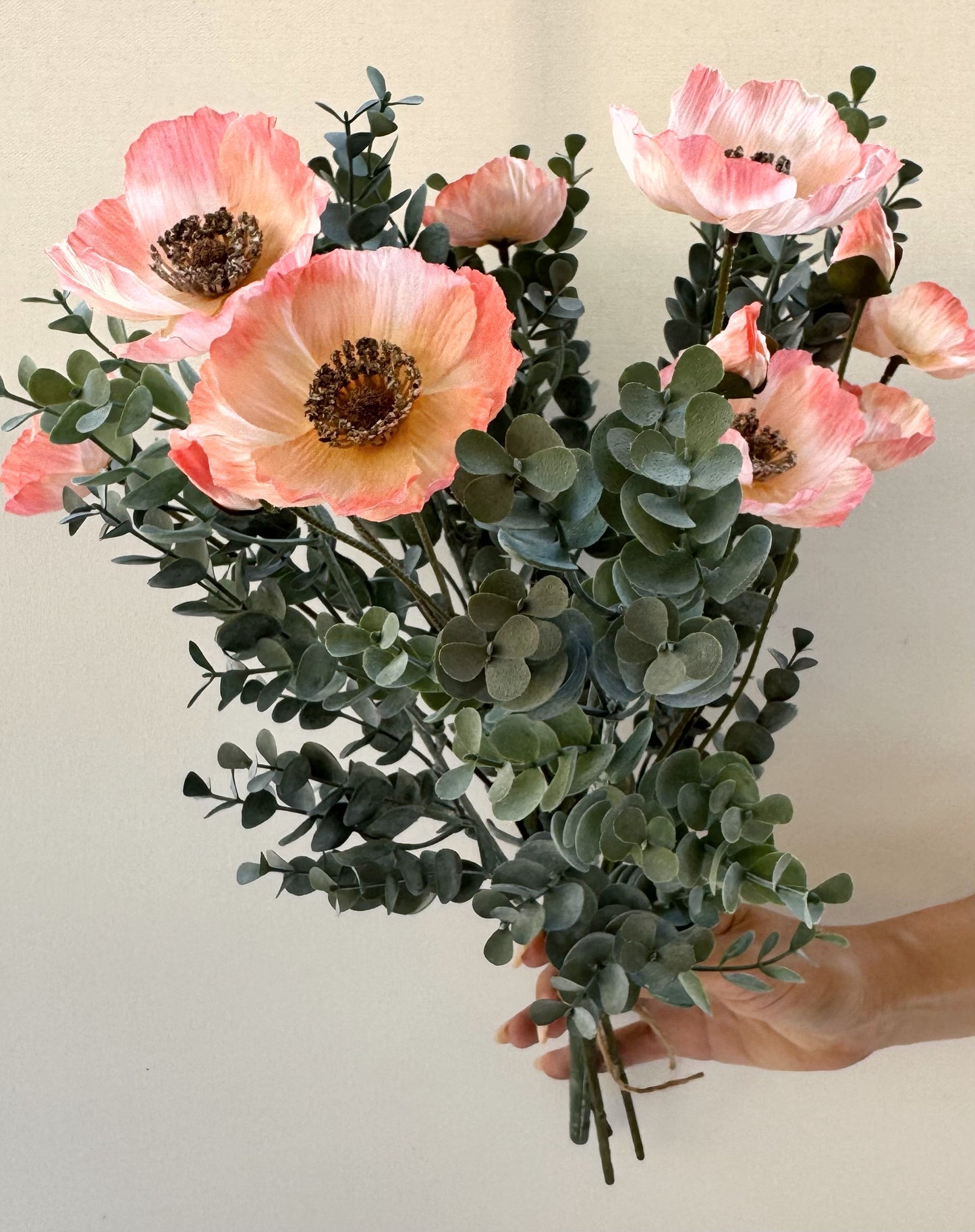 Poppy Flowers and Eucalyptus Faux Flower Arrangement - Coral Pink