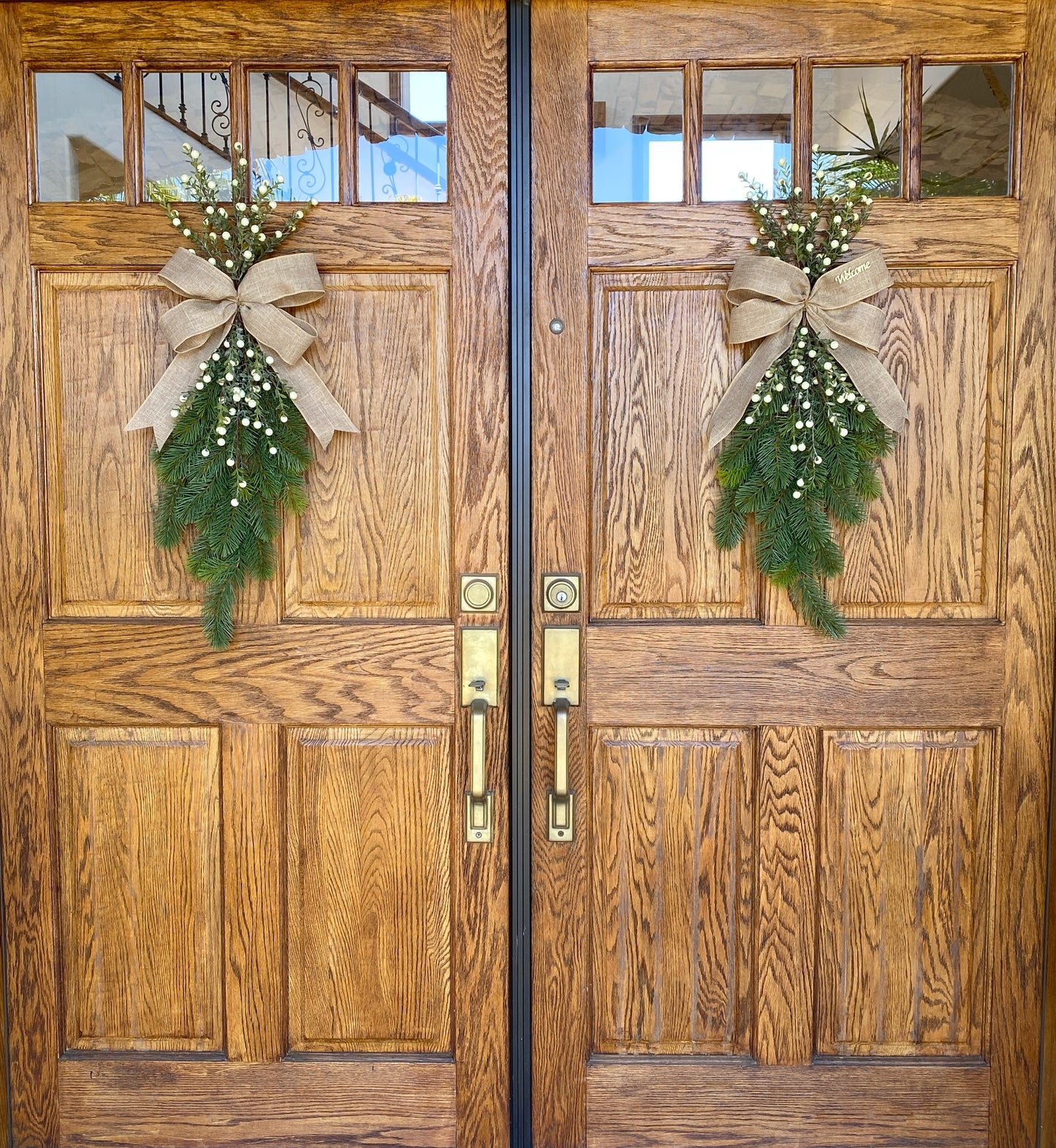 Pine and Winter Berry Door Swag Artificial. Real Touch Douglas Fir with White Christmas Berries