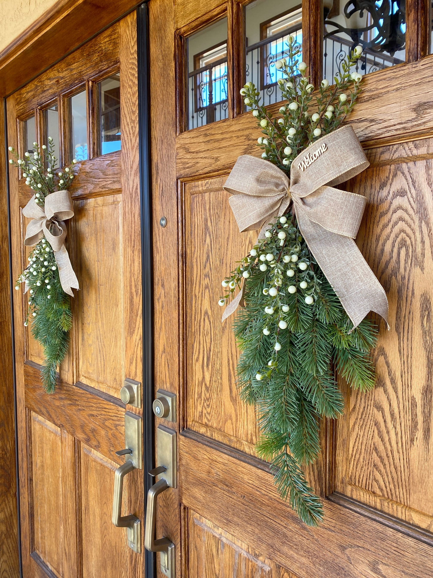 Pine and Winter Berry Door Swag Artificial. Real Touch Douglas Fir with White Christmas Berries