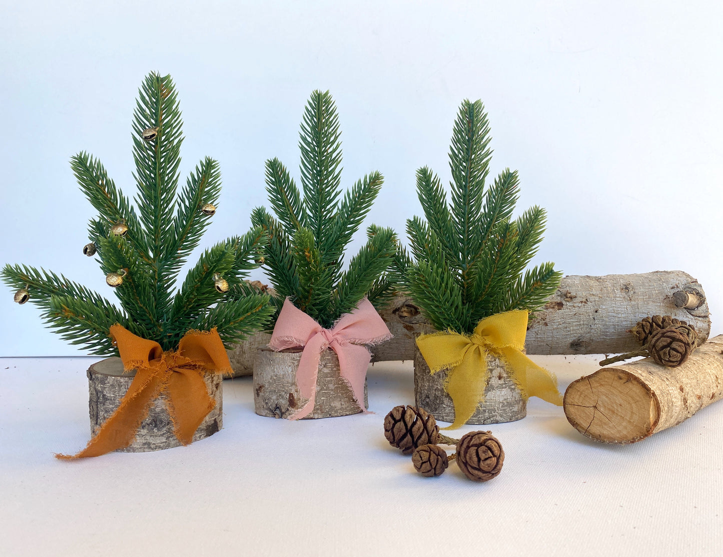 Mini Christmas Tree β Faux Tabletop Christmas Trees with Chiffon Silk Ribbon and Optional Brass Bells
