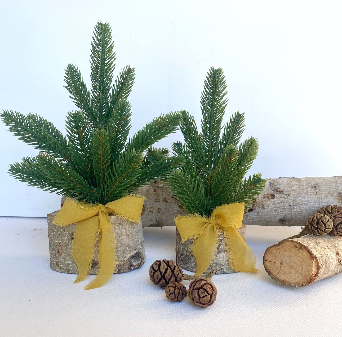 Mini Christmas Tree β Faux Tabletop Christmas Trees with Chiffon Silk Ribbon and Optional Brass Bells