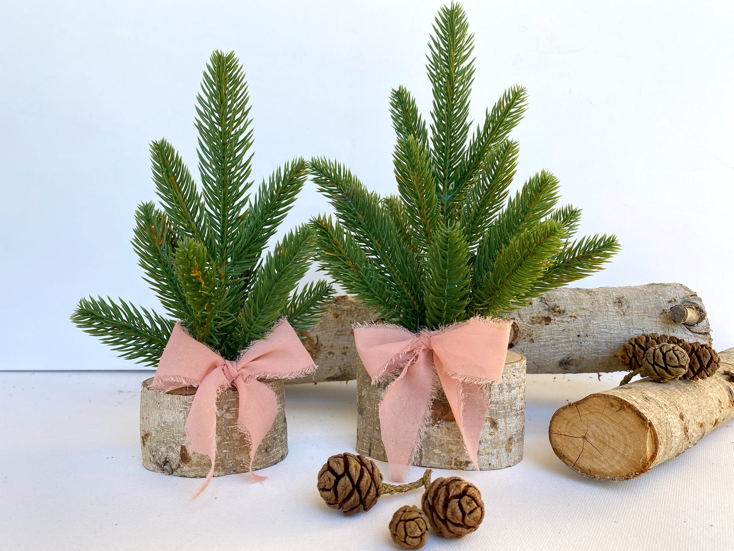 Mini Christmas Tree β Faux Tabletop Christmas Trees with Chiffon Silk Ribbon and Optional Brass Bells