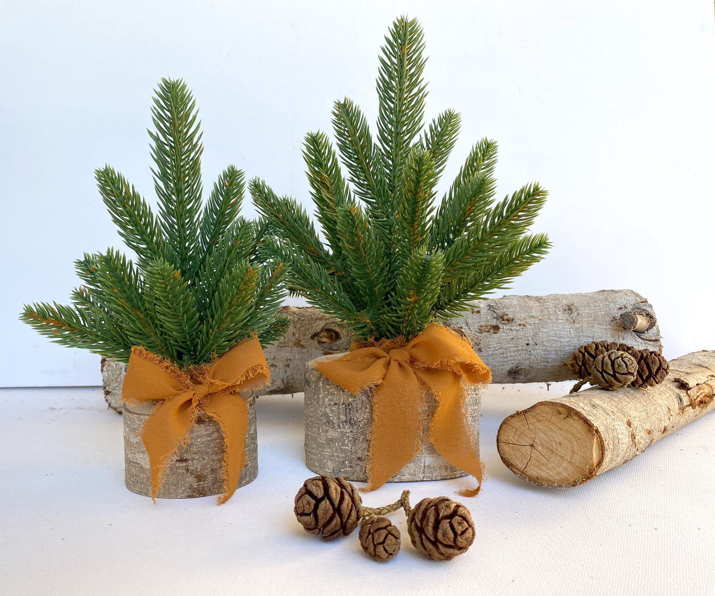 Mini Christmas Tree β Faux Tabletop Christmas Trees with Chiffon Silk Ribbon and Optional Brass Bells