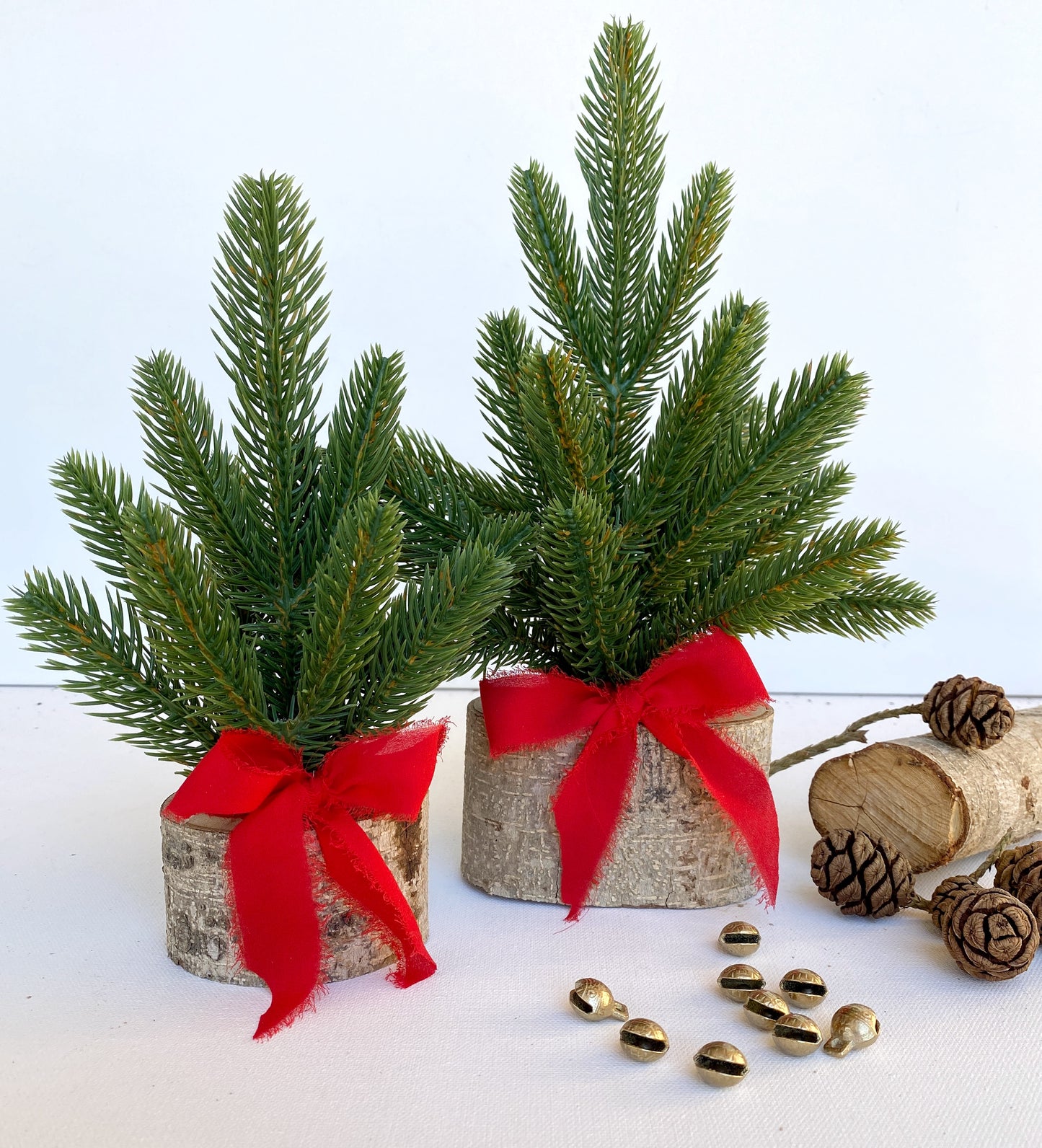 Mini Christmas Tree β Faux Tabletop Christmas Trees with Chiffon Silk Ribbon and Optional Brass Bells