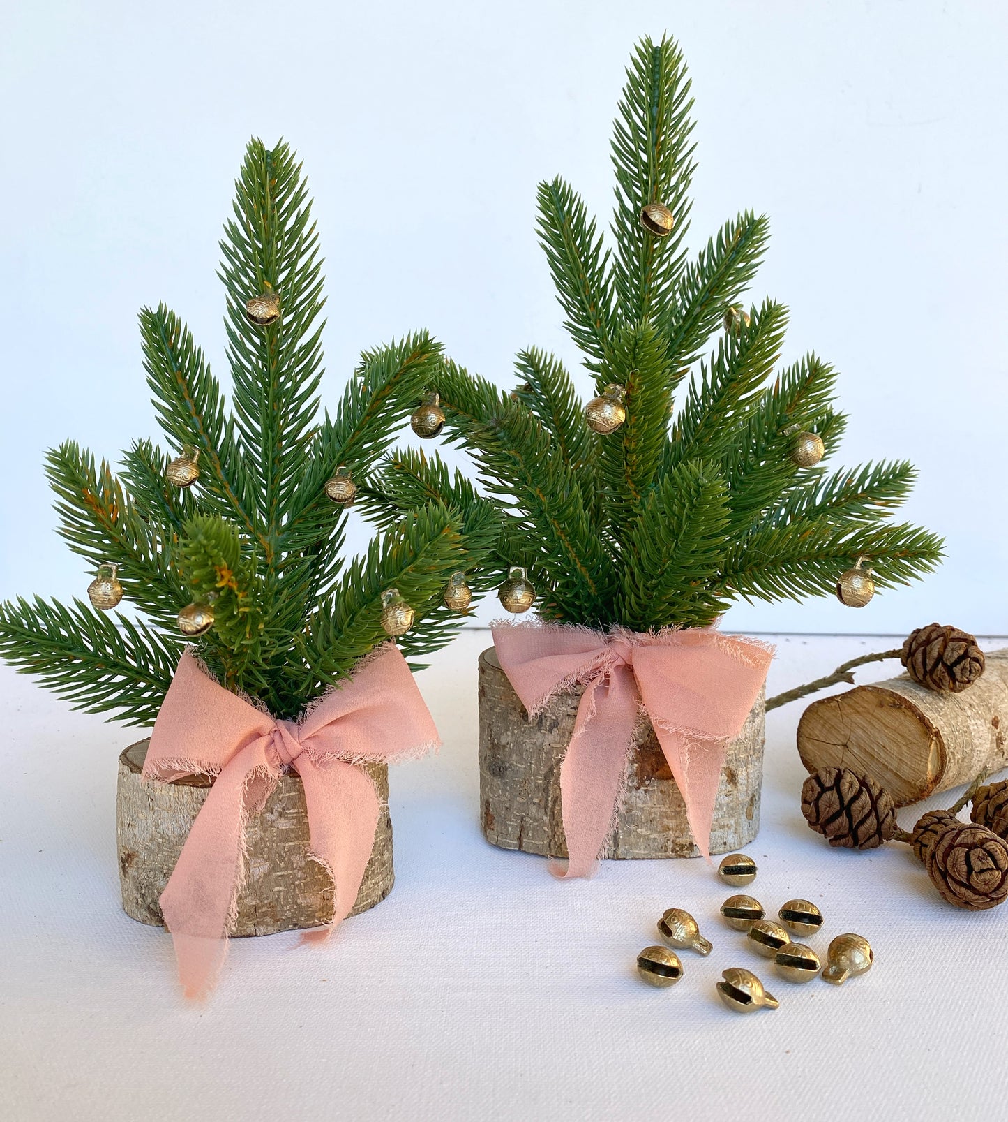 Mini Christmas Tree β Faux Tabletop Christmas Trees with Chiffon Silk Ribbon and Optional Brass Bells