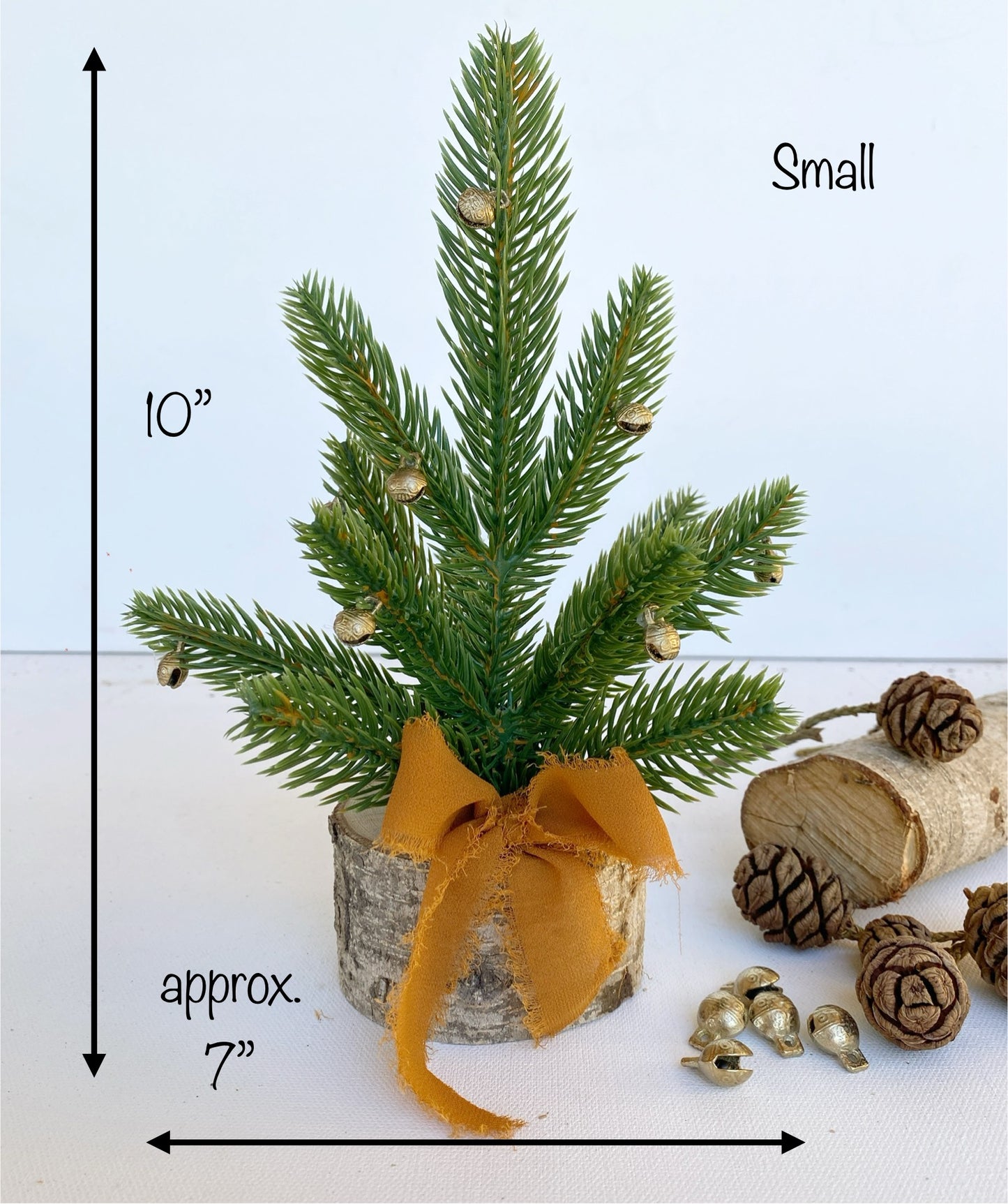 Mini Christmas Tree β Faux Tabletop Christmas Trees with Chiffon Silk Ribbon and Optional Brass Bells