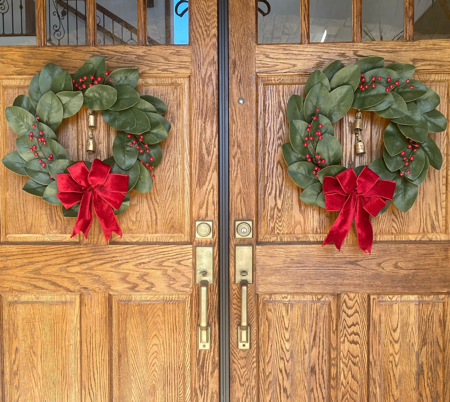 Christmas Magnolia Wreath Double Door - Artificial - Classic Front Door or Wall Wreath