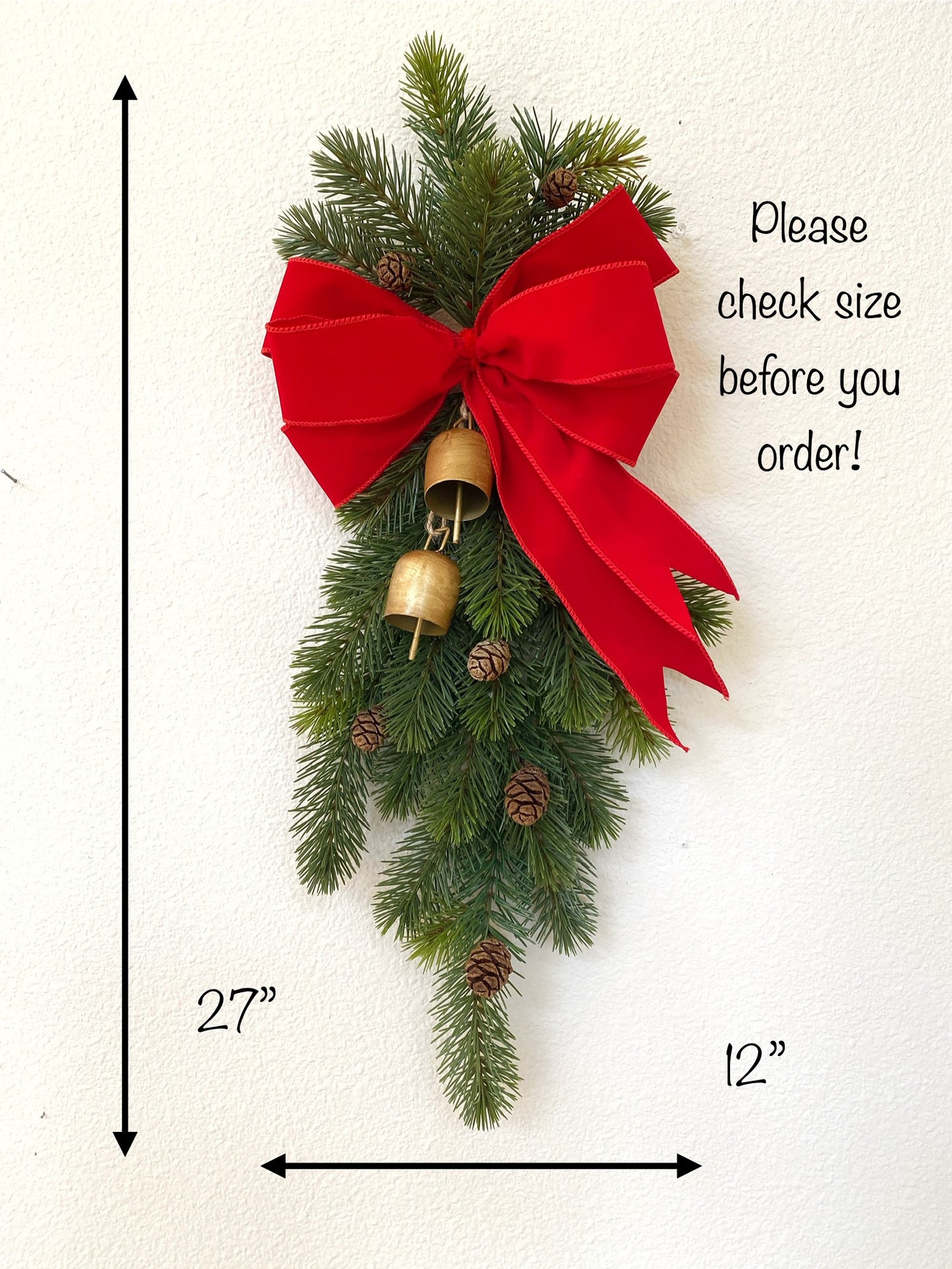 Christmas Door Swag Classic - Real Touch Pine with 2 Brass Bells, Sequoia Pine Cones and red Velvet Bow
