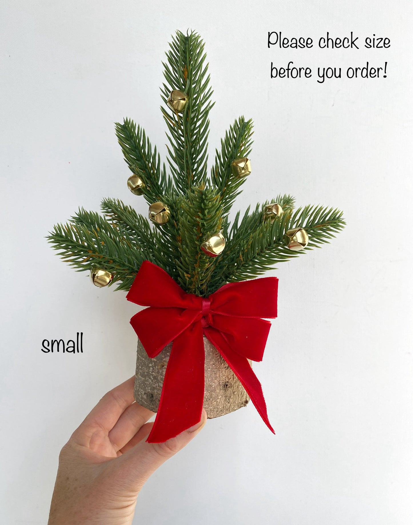 Mini Christmas Tree ā Faux Tabletop Christmas Tree with Red Velvet Ribbon and Gold Bells | Office & Home Holiday Decor