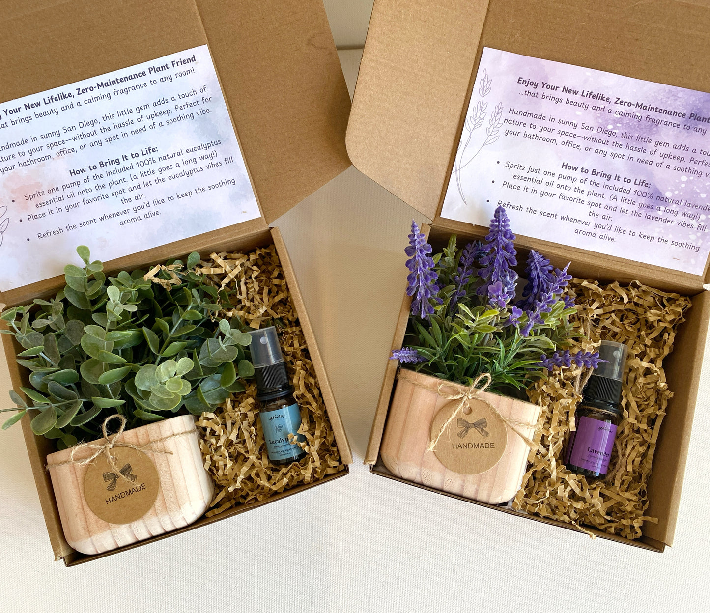 Gift Box with Realistic Faux Lavender or Eucalyptus Plant | Handmade Wood Pot & Essential Oil Spray for a Lifelike Touch | Unique Gift Idea