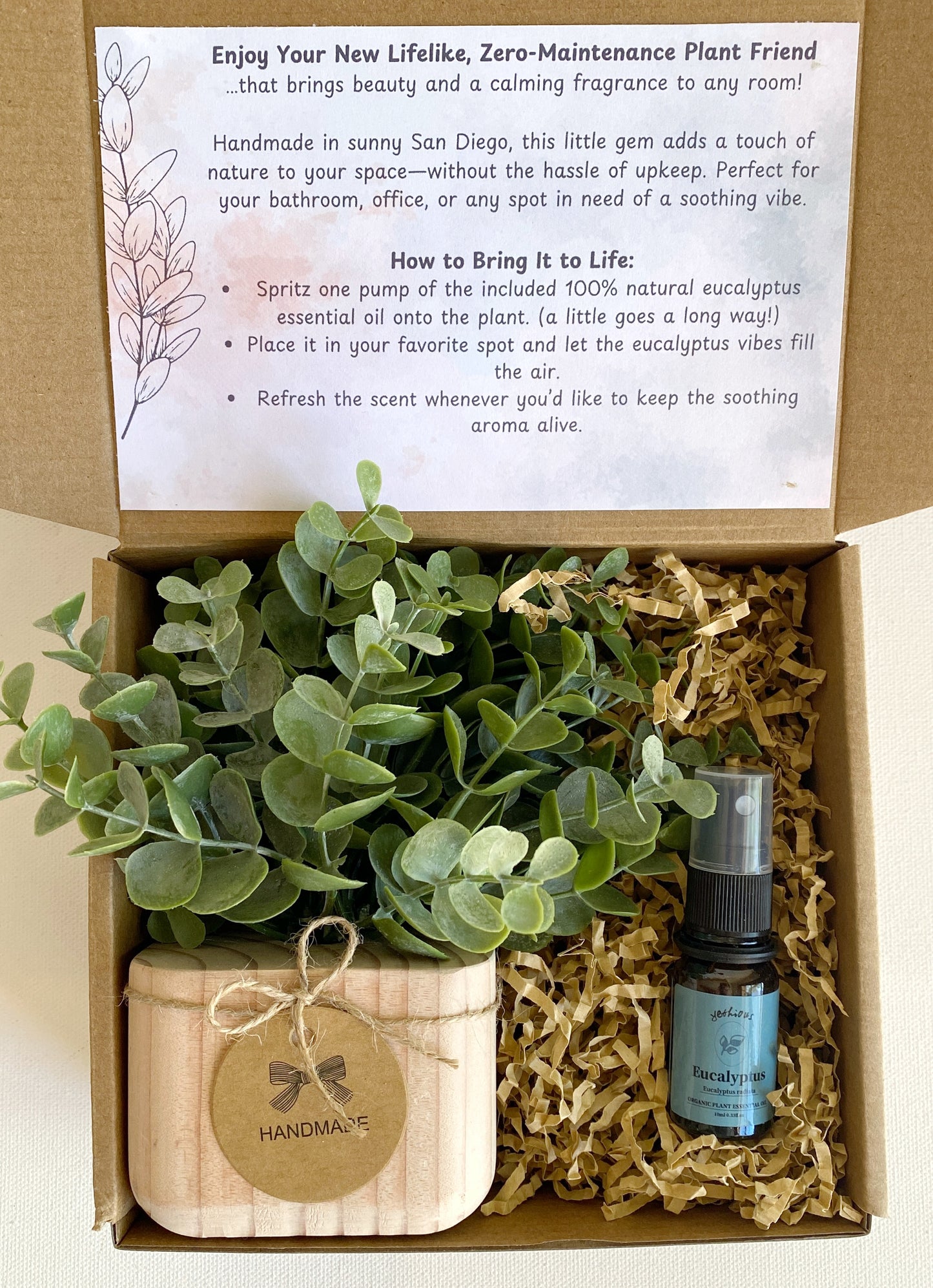 Gift Box with Realistic Faux Lavender or Eucalyptus Plant | Handmade Wood Pot & Essential Oil Spray for a Lifelike Touch | Unique Gift Idea