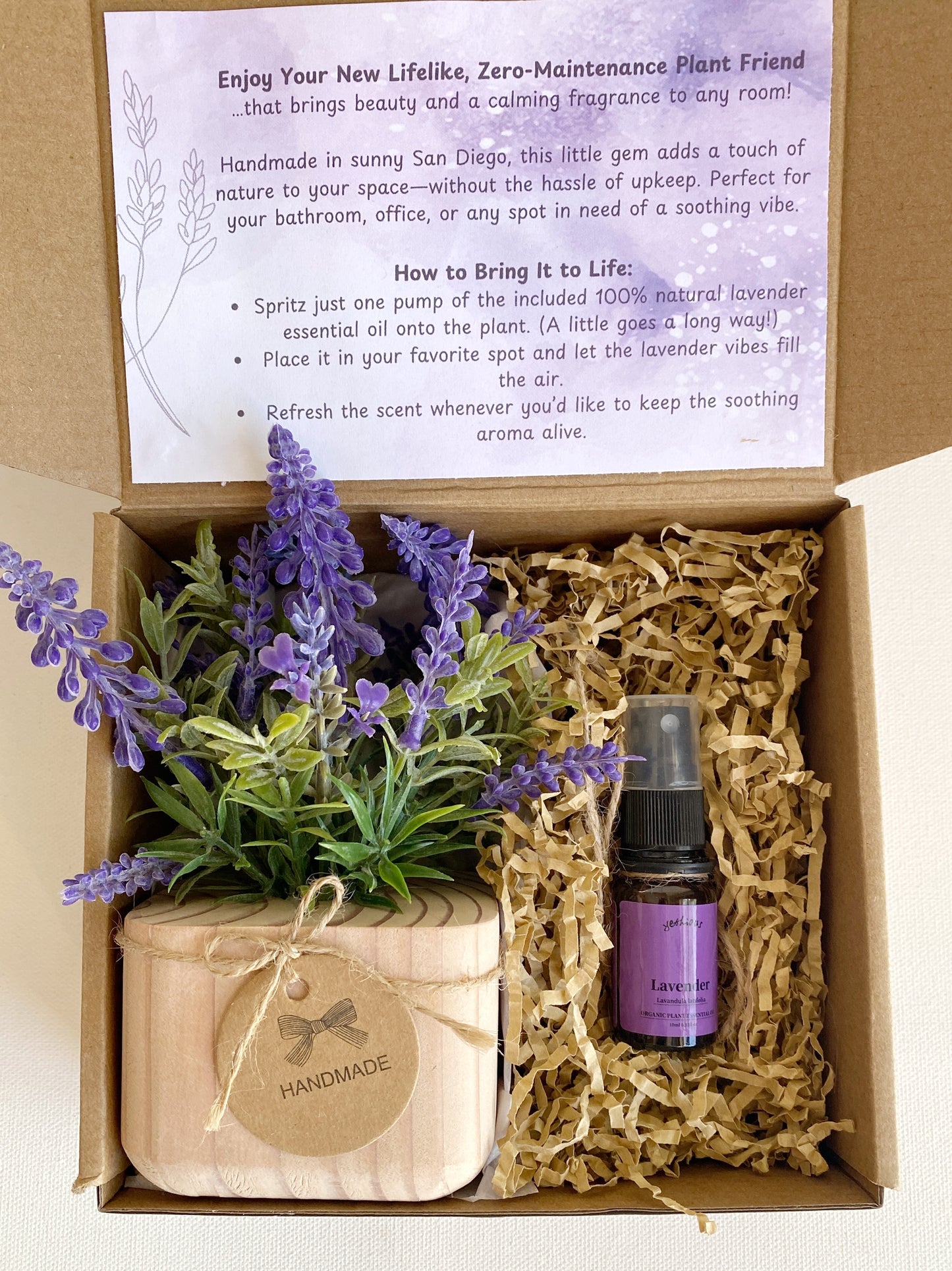 Gift Box with Realistic Faux Lavender or Eucalyptus Plant | Handmade Wood Pot & Essential Oil Spray for a Lifelike Touch | Unique Gift Idea