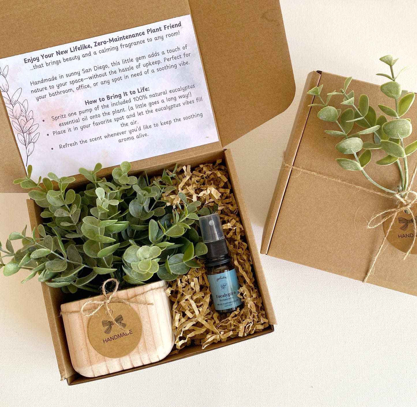 Gift Box with Realistic Faux Lavender or Eucalyptus Plant | Handmade Wood Pot & Essential Oil Spray for a Lifelike Touch | Unique Gift Idea