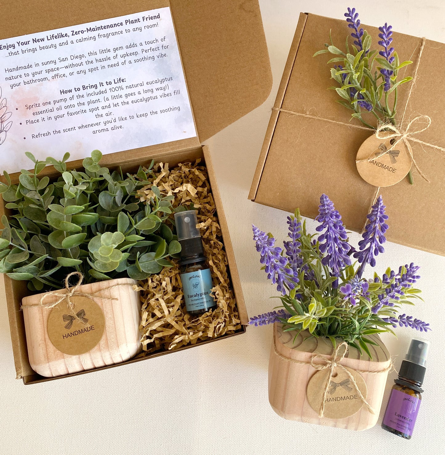 Gift Box with Realistic Faux Lavender or Eucalyptus Plant | Handmade Wood Pot & Essential Oil Spray for a Lifelike Touch | Unique Gift Idea