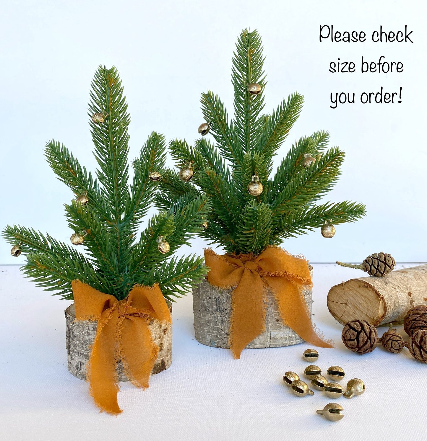 Mini Christmas Tree β Faux Tabletop Christmas Trees with Chiffon Silk Ribbon and Optional Brass Bells