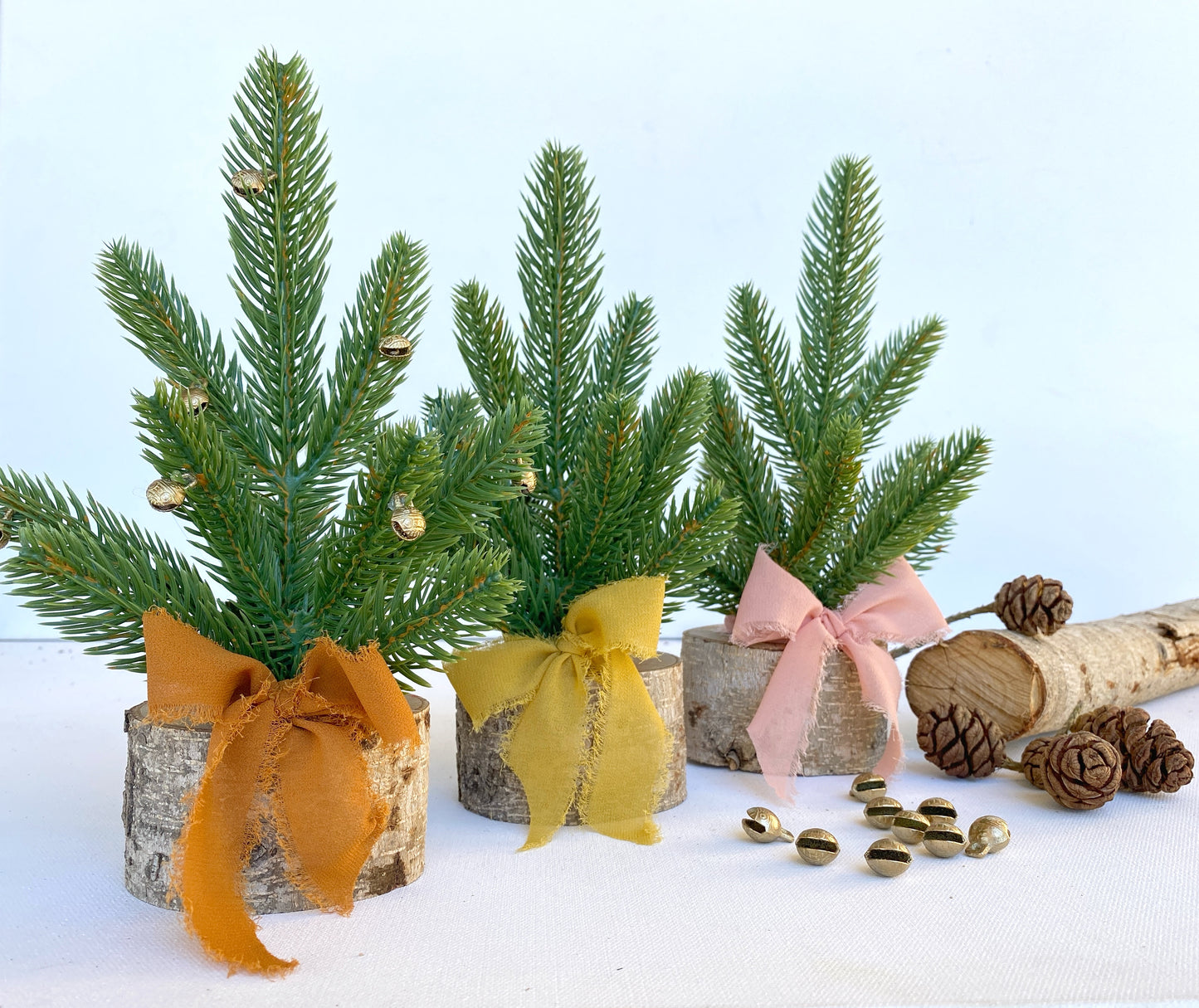 Mini Christmas Tree β Faux Tabletop Christmas Trees with Chiffon Silk Ribbon and Optional Brass Bells