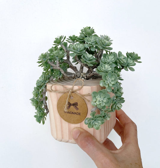Succulent Plant in handmade Wood Pot - Korean succulent plant artificial - faux succulents - sedum spray