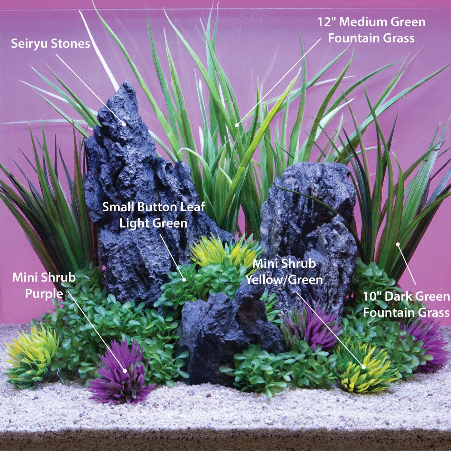 Small Mini Shrub Aquarium Foreground Plant Yellow Green 3 Pack with Stone Base, Lifelike Aquascape Decor, Artificial Aquarium Plastic Plant