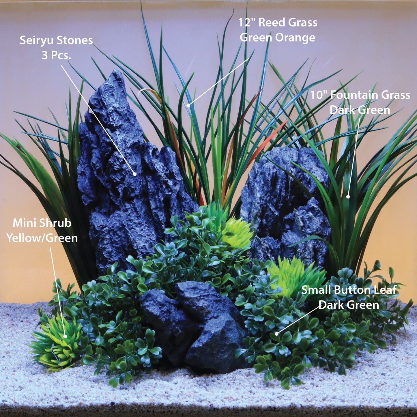 11" Fountain Grass Aquarium Plant Dark Green with Stone Base, Freshwater Natural Lifelike Aquarium Decor, Artificial Aquarium Plastic Plant
