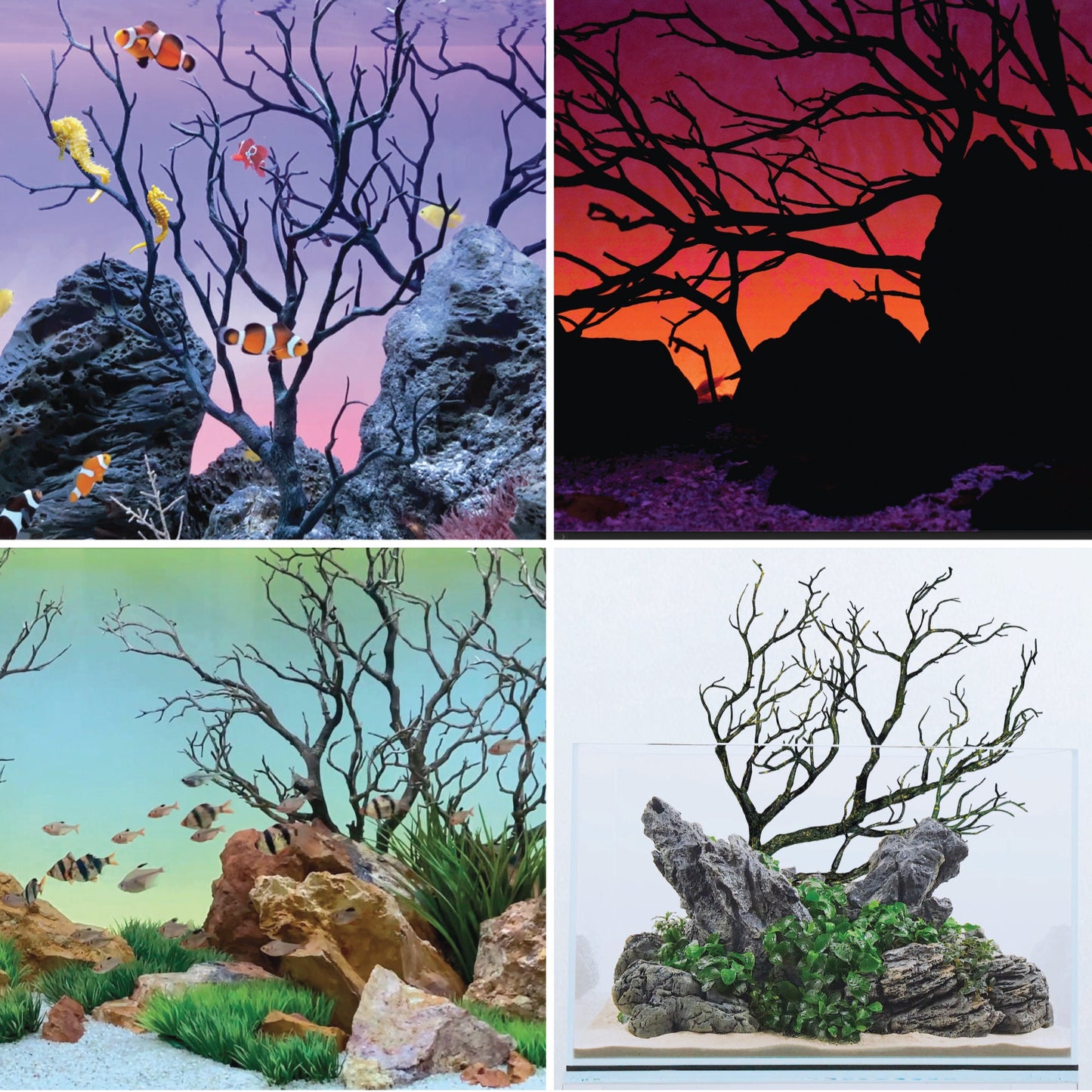 22" Black Molded Manzanita Branch with Stone Base, Natural Lifelike Freshwater Aquascape Decor, Artificial Aquarium Plastic Plant