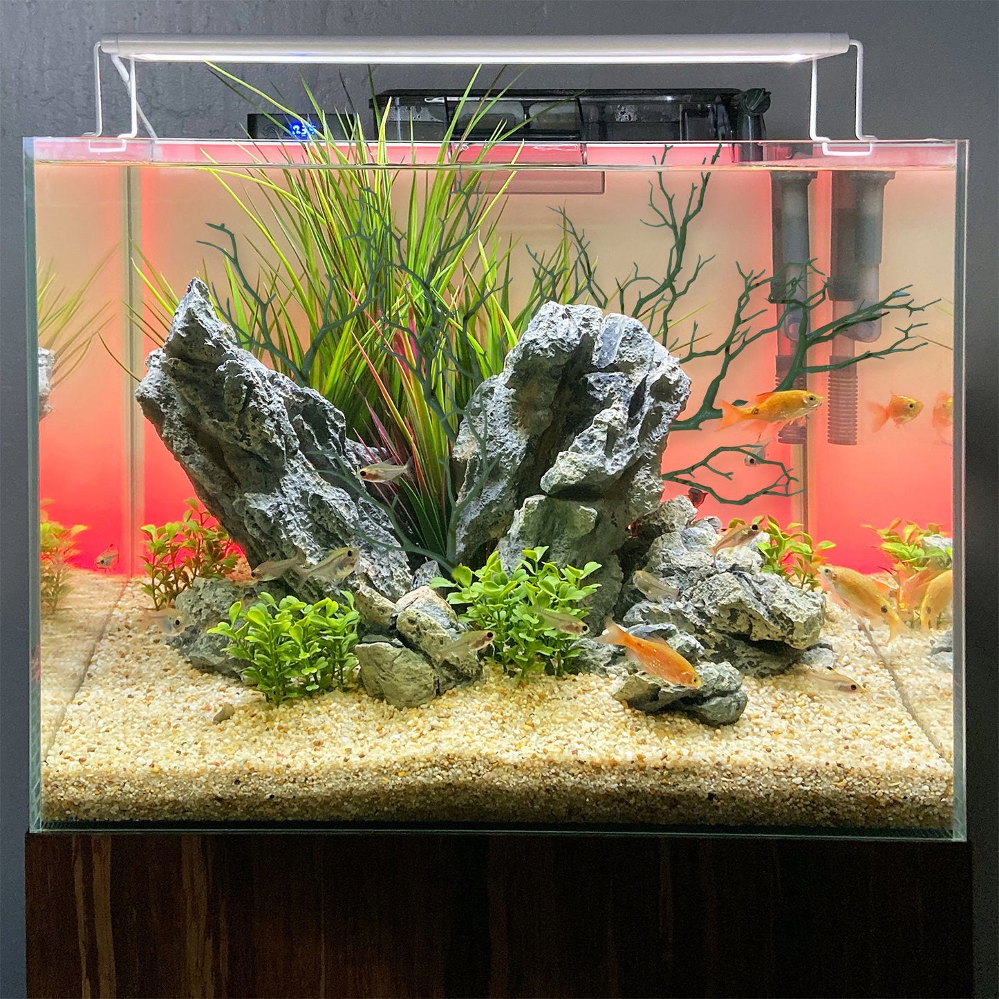 22" Moss Green Molded Manzanita Branch with Stone Base, Natural Lifelike Aquascape Decor, Artificial Aquarium Plastic Plant