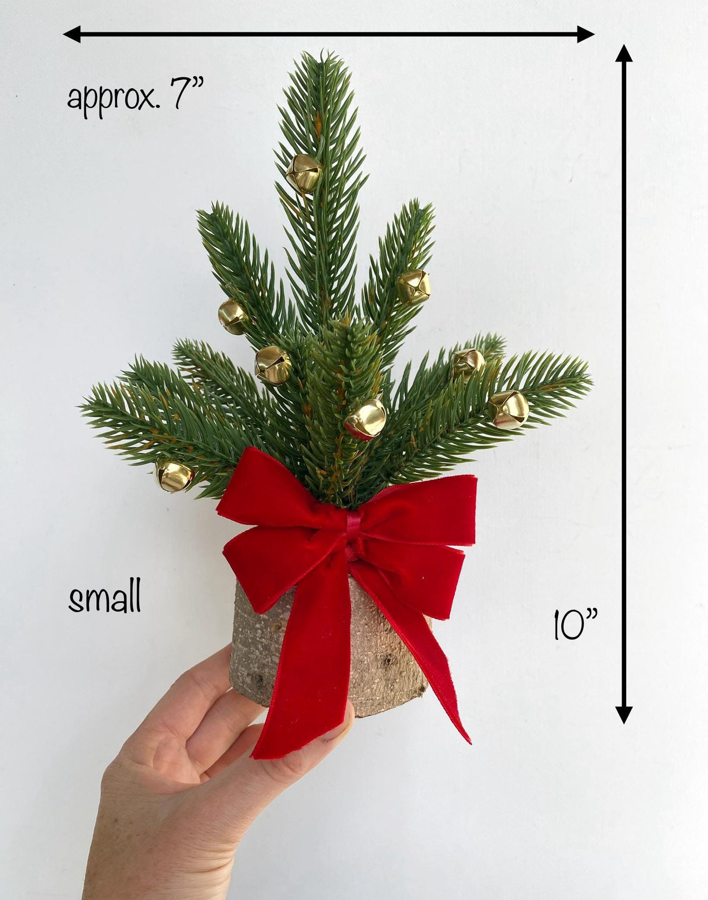 Mini Christmas Tree ā Faux Tabletop Christmas Tree with Red Velvet Ribbon and Gold Bells | Office & Home Holiday Decor