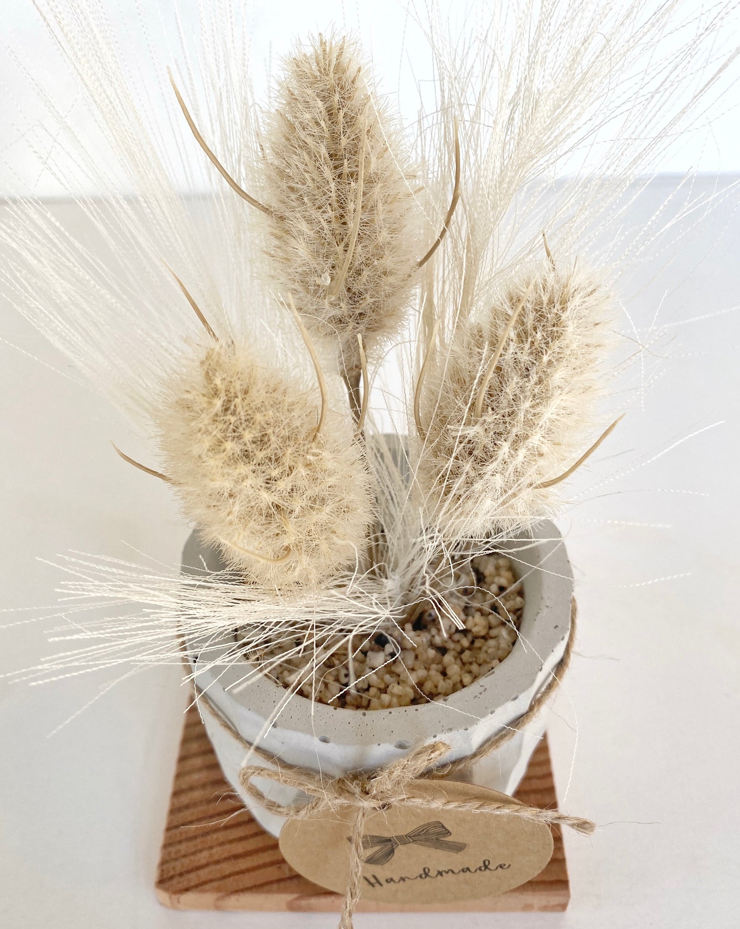 Artificial Bunny Tail & Pampas Grass in handmade Concrete Pot with Wood Tray - add Eucalyptus in Pink or Gray/Green