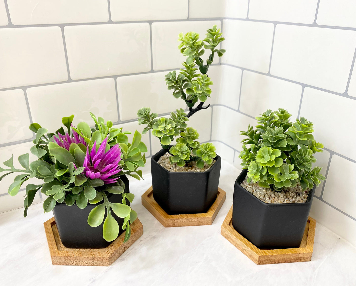 3 x Small Artificial Plant in matt black Hexagon Pot with Bamboo Tray